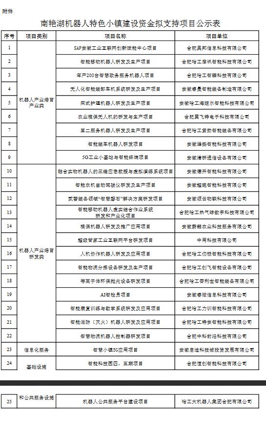 关于合肥经开区南艳湖机器人特色小镇建设资金拟支持项目的公示